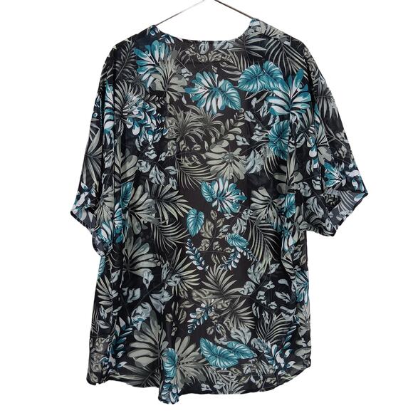 Floral Sheer Open Kimono Short Sleeve Black and Blue Tones Mid Length - Picture 3 of 5